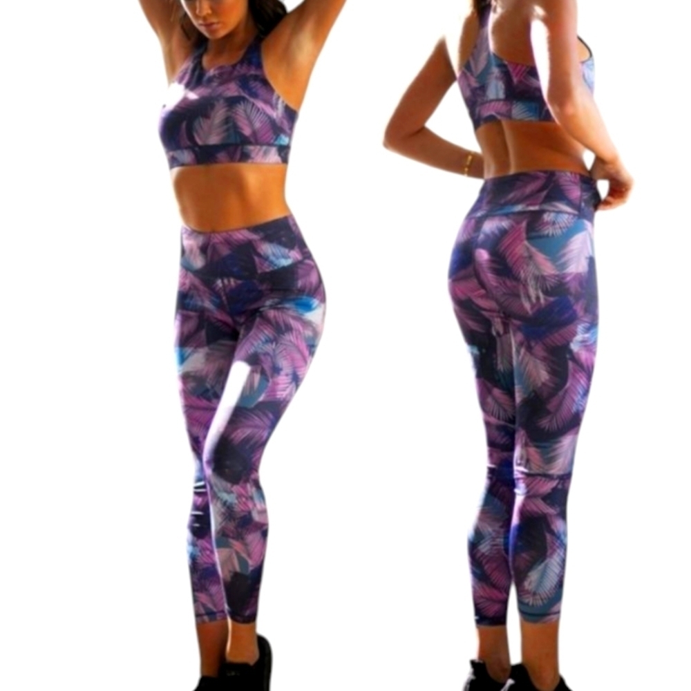 Yelete Purple Feather Print Legging Set